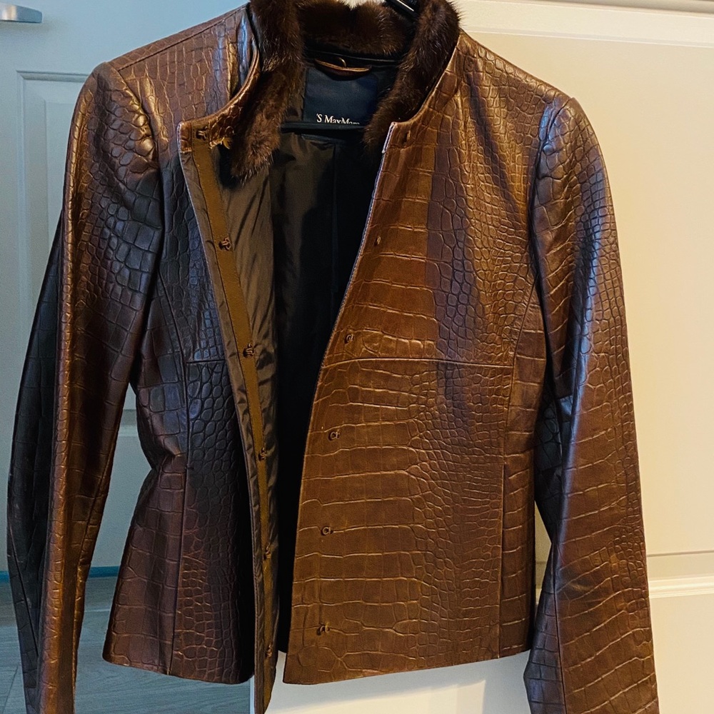 Max Mara alligator print jacket with mink collar